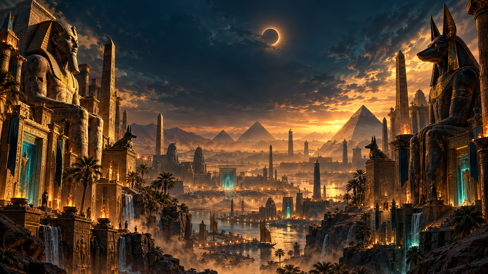 Egyptian temple valley with pyramids and monumental guardians — fantasy artwork